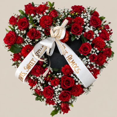 Composizione per funerale - Cuore rosso con nastro